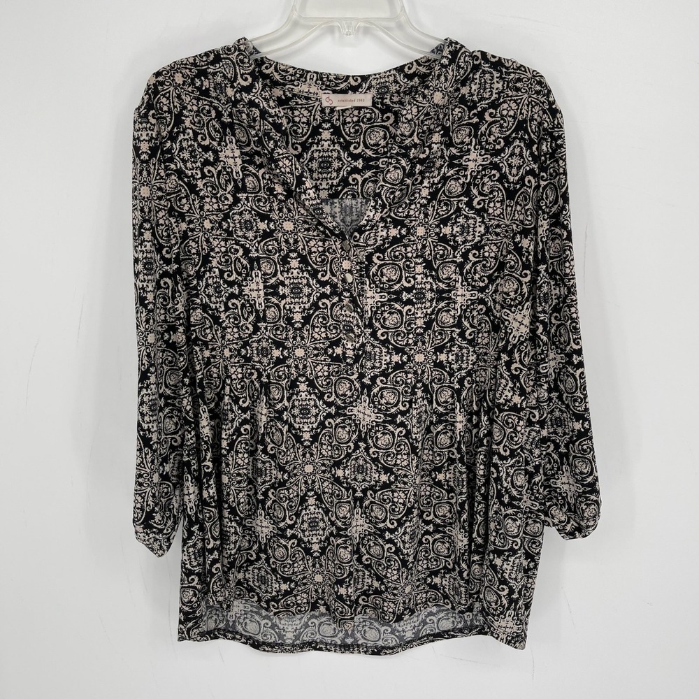 CB Established 1962 Women's Black Damask Henley 3/4 Sleeve Blouse Top Size 1X